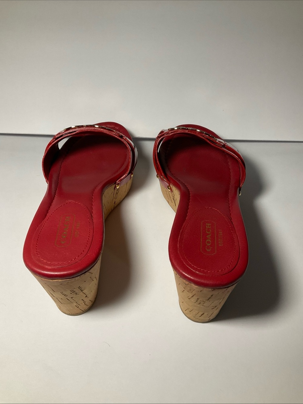 Coach Red Patent Slide Mules with Gold Logo Accent - Picture 3 of 8